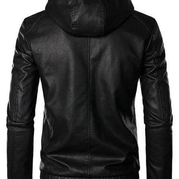Man’s Motor Biker Black Real Leather Hooded Jacket