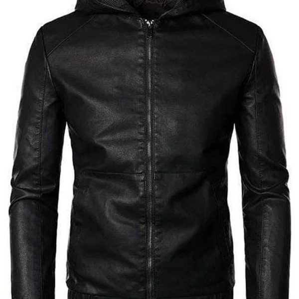 Man’s Motor Biker Black Real Leather Hooded Jacket