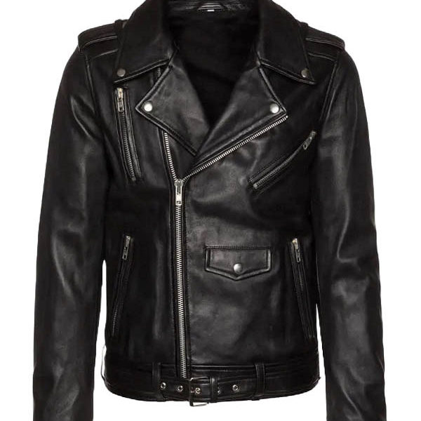 Men's Asymmetrical Black Belted Real Leather Jacket