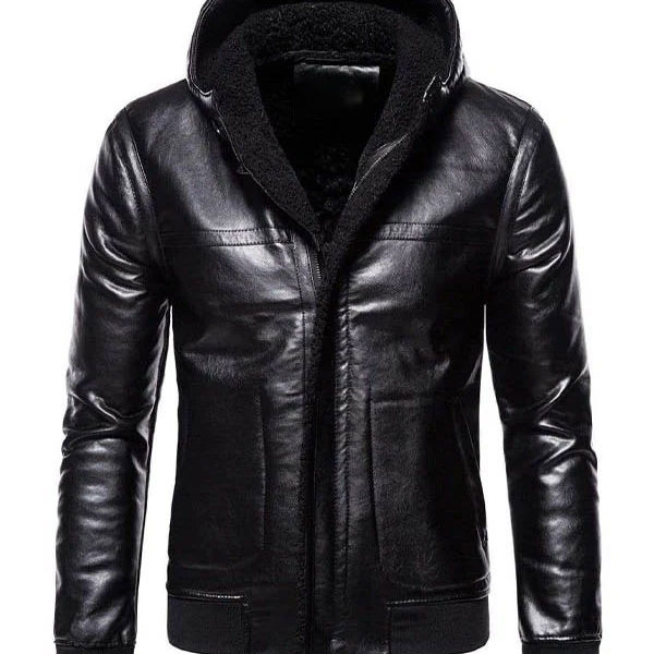 Men’s Biker Black Leather Shearling Hooded Jacket