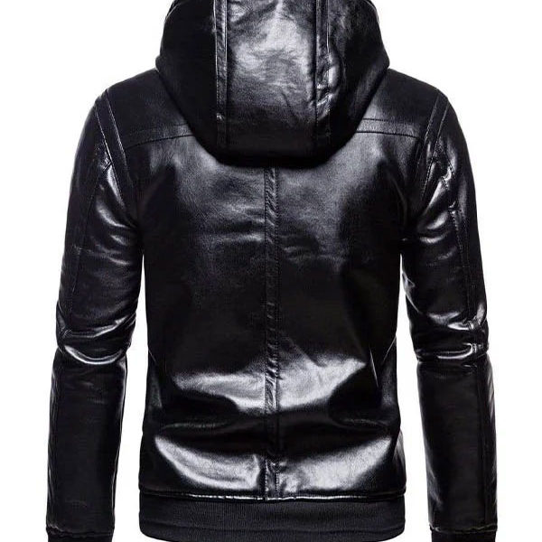 Men’s Biker Black Leather Shearling Hooded Jacket