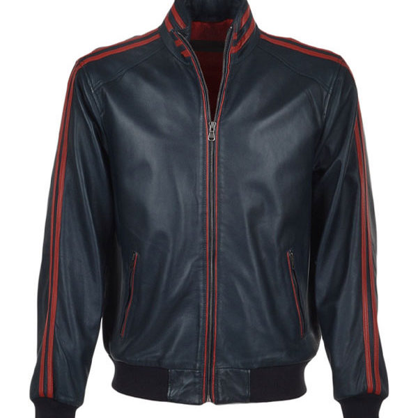 Men’s Black Motor Biker Red Strip Real Leather Jacket