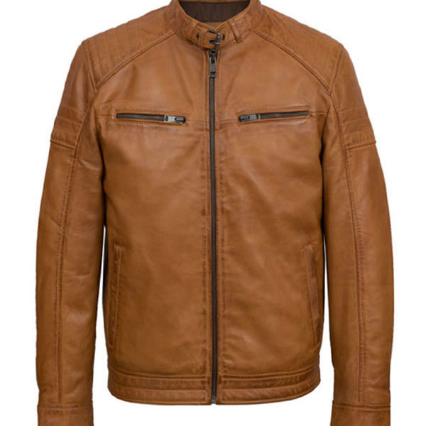 Men’s Casual Tan Brown Biker Real Leather Jacket