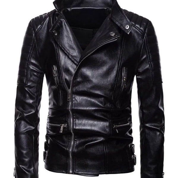 Men’s Classic Asymmetrical Black Biker Leather Jacket