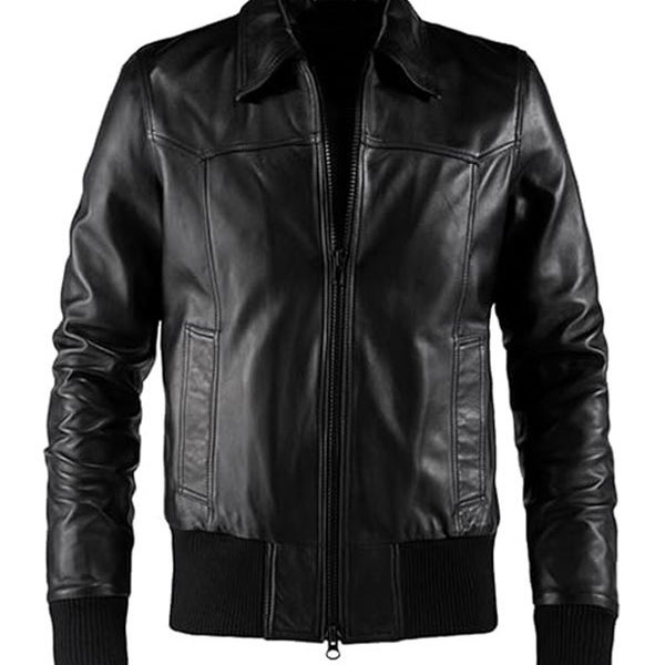 Men’s Fashion Black Shirt Collar Style Leather Bomber Jacket