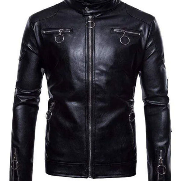 Men’s Fashion Motorcycle Black Real Leather Zipper Jacket