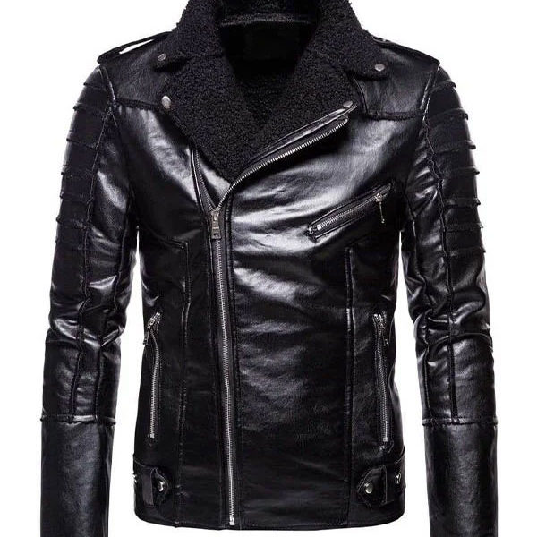 Men’s Fashion Shearling Collar Black Biker Leather Jacket