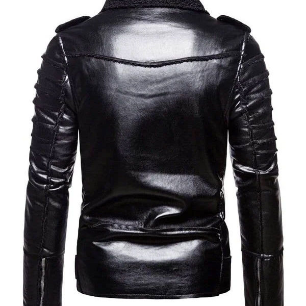 Men’s Fashion Shearling Collar Black Biker Leather Jacket