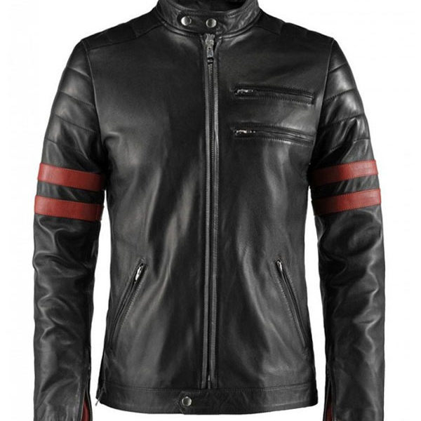 Men's Hybrid Cafe Motorcycle Racer Striped Black Leather Jacket