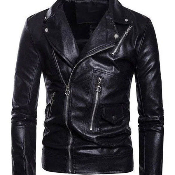 Men’s Motorcycle Lapel Collar Black Real Leather Jacket