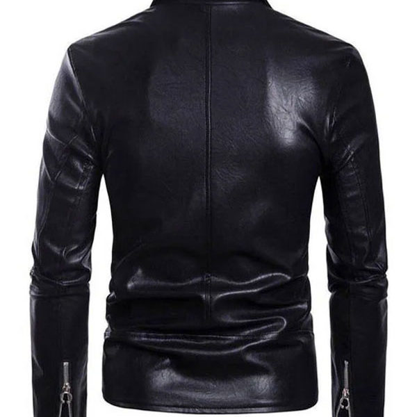 Men’s Motorcycle Lapel Collar Black Real Leather Jacket