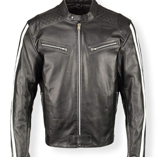 Men’s Motorcycle Racing White Stripe Black Real Leather Jacket