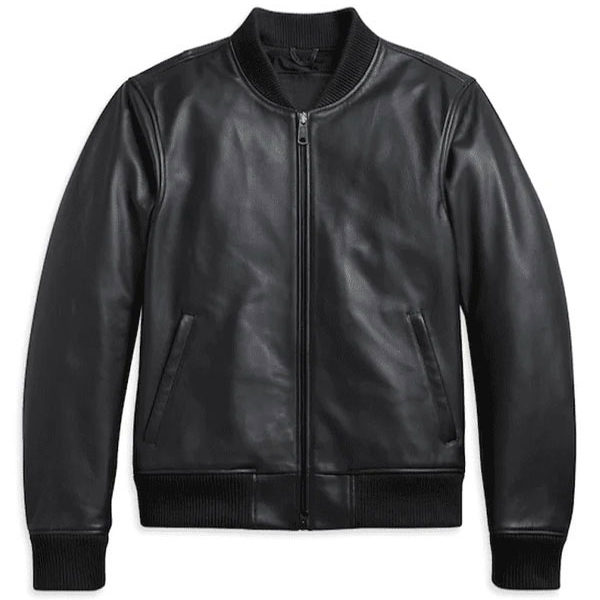 Mens Motorcycle Style Black Leather Bomber Jacket