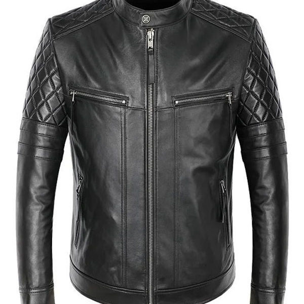 Men’s Quilted Shoulder Black Real Leather Biker Jacket