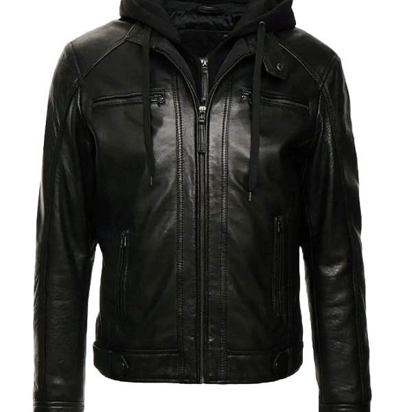 Mens Removable Black Biker leather Hooded Jacket
