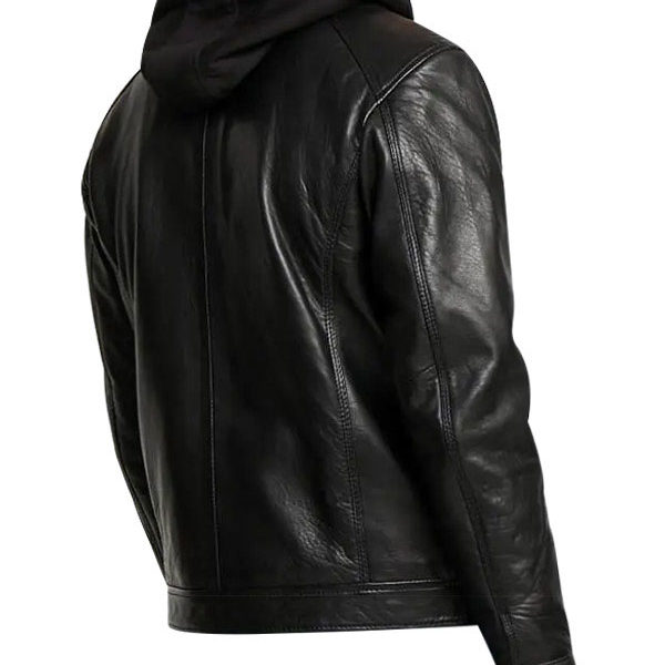 Mens Removable Black Biker leather Hooded Jacket