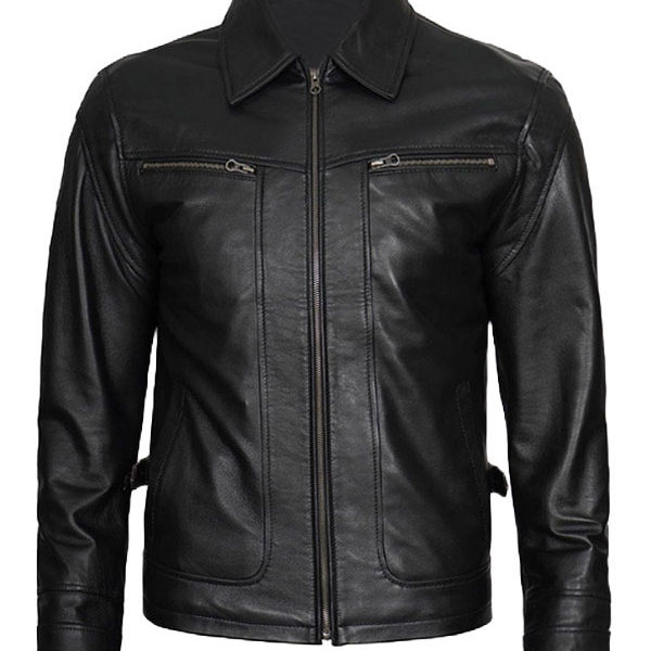 Mens Scott Black Biker Shirt Collar Real Leather Jacket