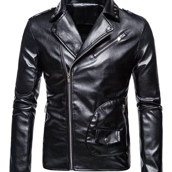 Men’s Slim Fit Lapel Collar Black Biker Real Leather Jacket