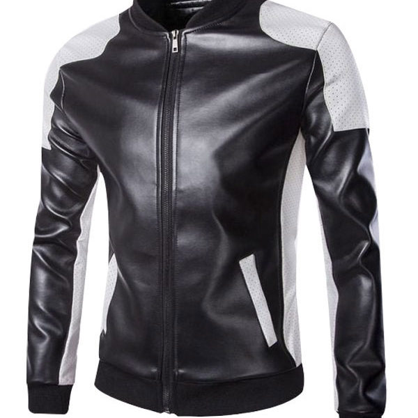 Men’s Slimfit Black & White Biker Faux Leather Jacket