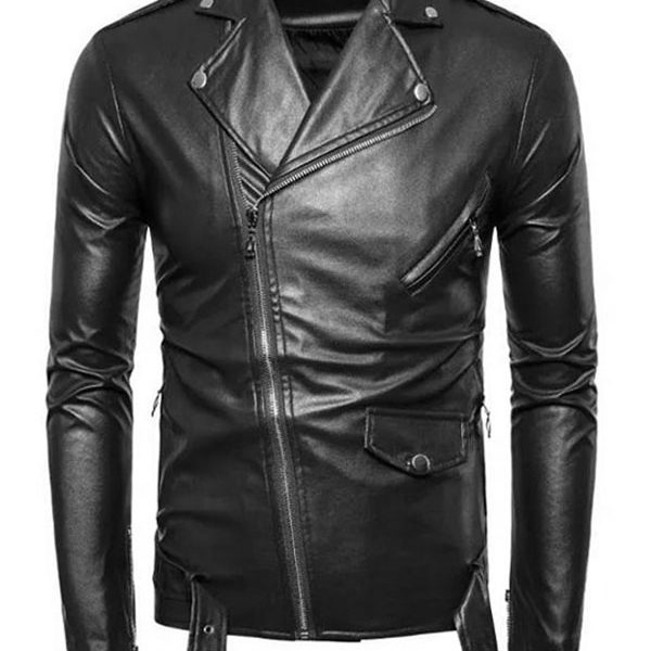 Men’s Slimfit Casual Belted Black Biker Leather Jacket