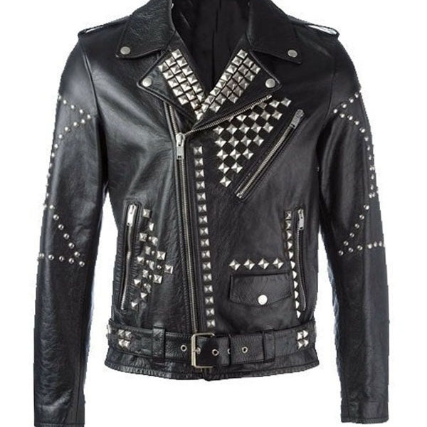 Men’s Sliver Studded Black Motor Biker Leather Jacket