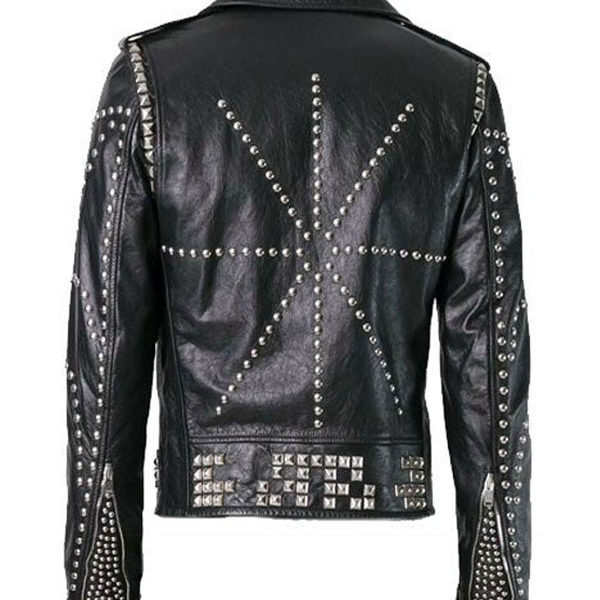 Men’s Sliver Studded Black Motor Biker Leather Jacket