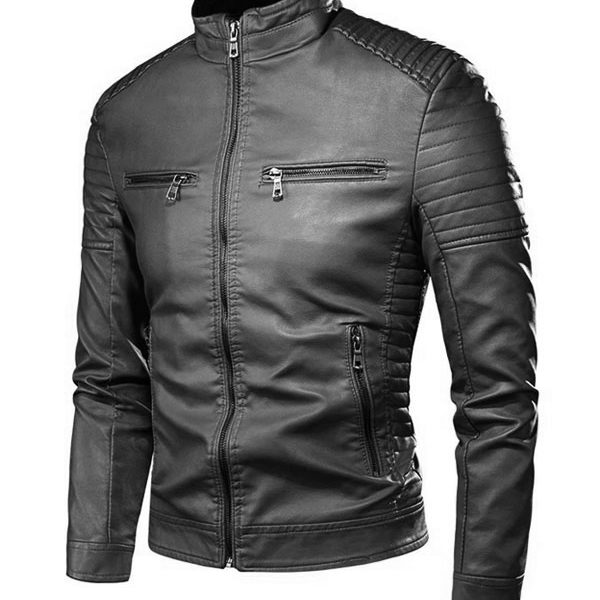 Men’s Vintage Black Stand Collar Motor Biker Leather Jacket