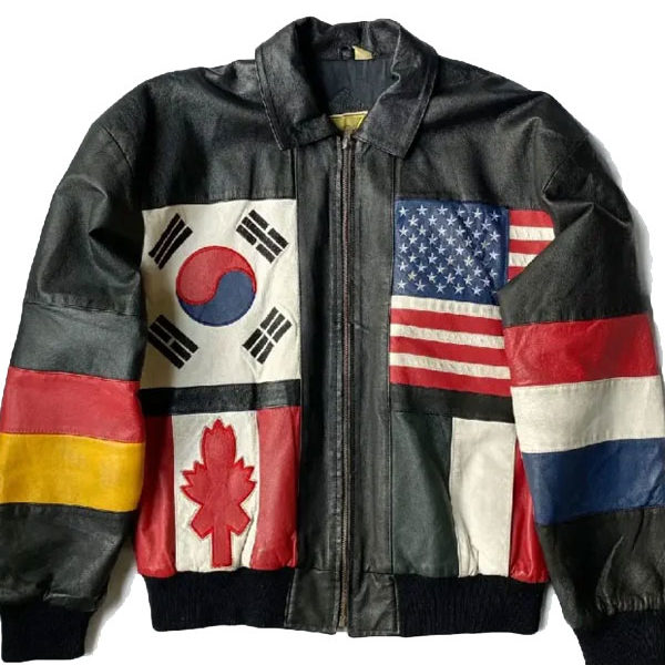 80’s Phase Flags of World Black Real Leather Jacket