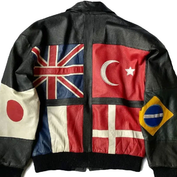 80’s Phase Flags of World Black Real Leather Jacket