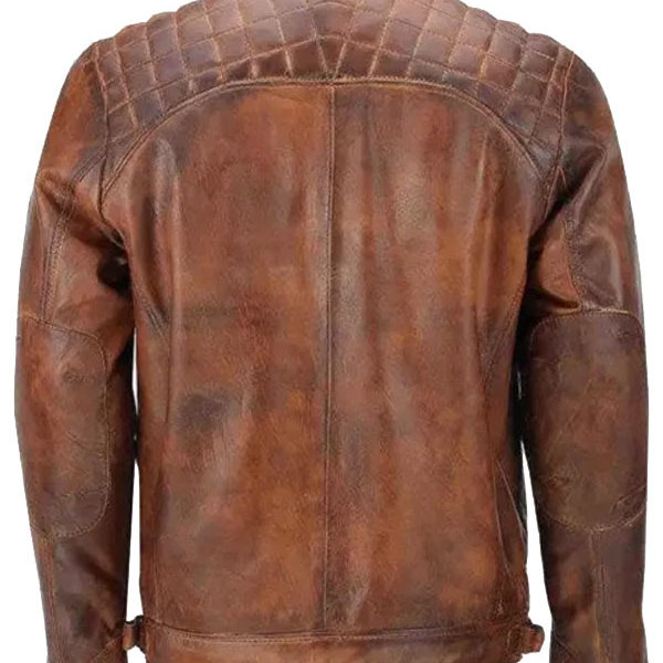 Classic Diamond Distressed Brown Real Leather Jacket