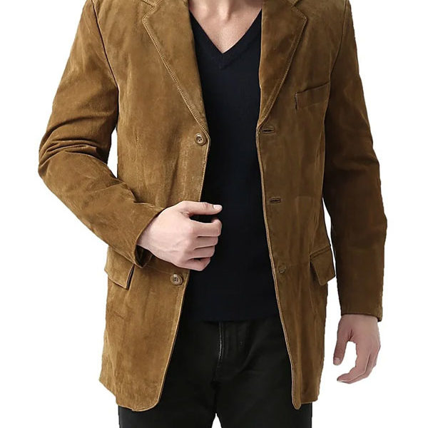 Men' Slim Fit Camel Brown Real Calf Suede Leather Blazer