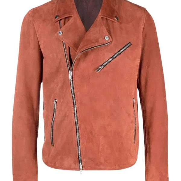 Men’s Asymmetrical Orange Biker Suede Leather Jacket