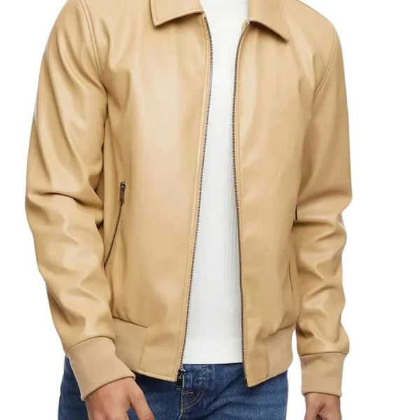 Men’s Beige Premium Leather Bomber Jacket