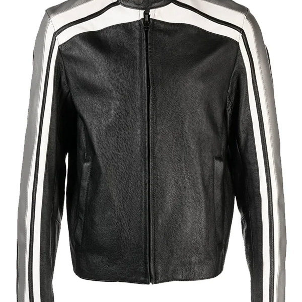 Men's Black And White Grey Stripe Real Leather Jacket