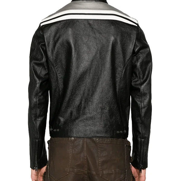 Men's Black And White Grey Stripe Real Leather Jacket