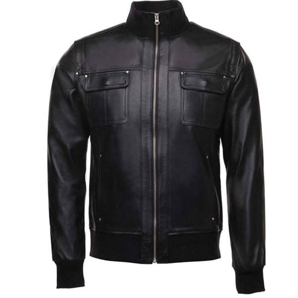 Men’s Black Motor Bike Leather Full-Zip Jacket