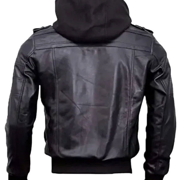 Men's Black Real Leather Bomber Hooded Jacket