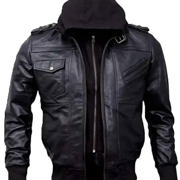 Men's Black Real Leather Bomber Hooded Jacket