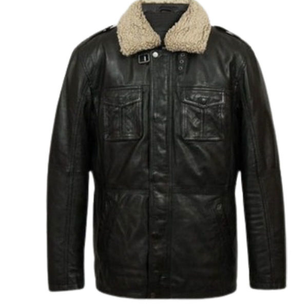 Men's Black Sheep Shearling Collar Real Leather Coat