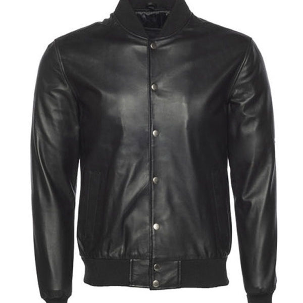 Men's Black Vintage Faux Leather Varsity Jacket