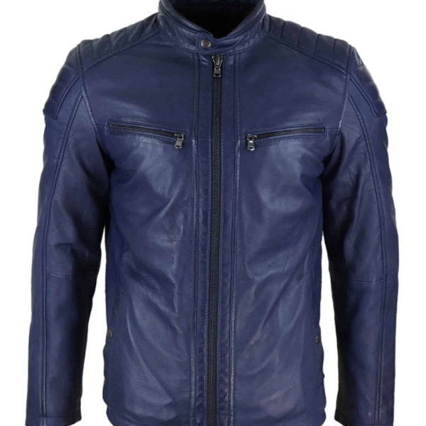 Men’s Blue Biker Leather Four Patch Pockets Jacket