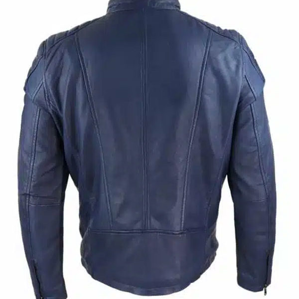 Men’s Blue Biker Leather Four Patch Pockets Jacket