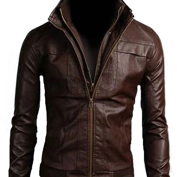 Men's Brown Faux Leather Bomber Zipper Jacket