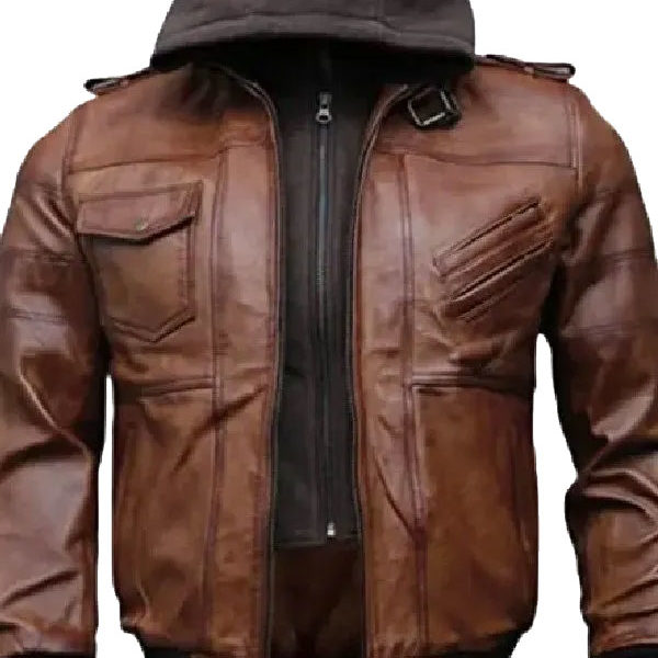 Men's Brown Faux Leather Hooded Bomber Jacket