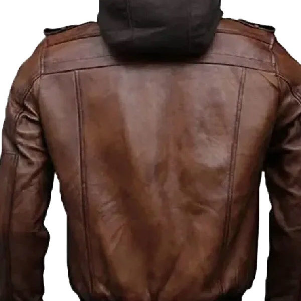 Men's Brown Faux Leather Hooded Bomber Jacket