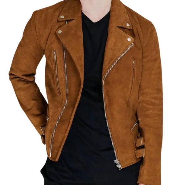 Men's Brown Motorcycle Suede Leather Zip-up Jacket