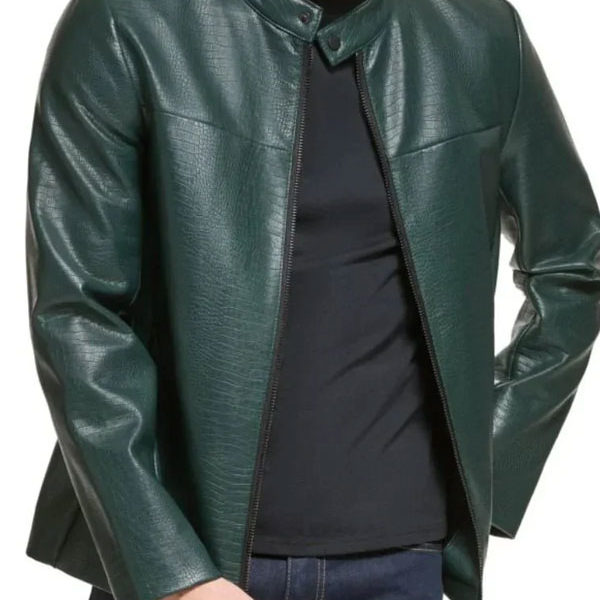Men's Cafe Racer Croco Style Green Leather Jacket