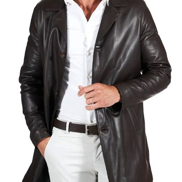 Men’s Distressed Rust Brown Leather Trench Coat