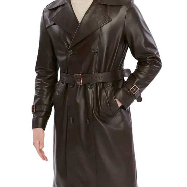 Men's Double Breasted Brown Leather Trench Coat