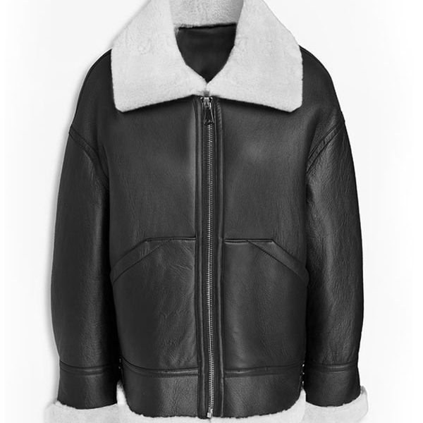 Men’s Genuine Black Real Leather White Shearling Jacket